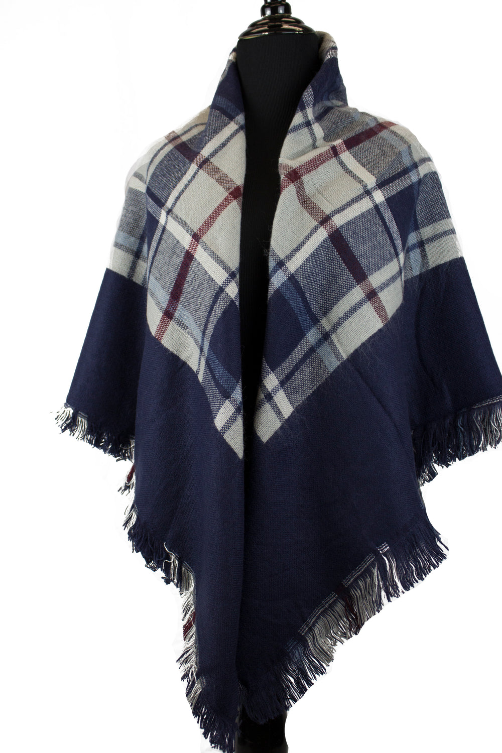 blanket scarf in navy gray and burgundy with stripes