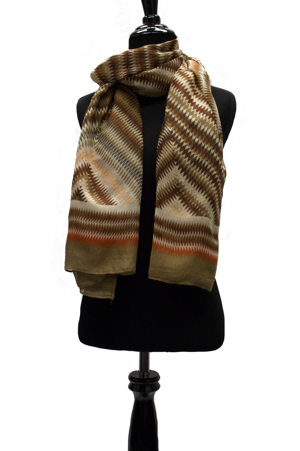 chevron print hijab in brown with a touch of yellow red and tan