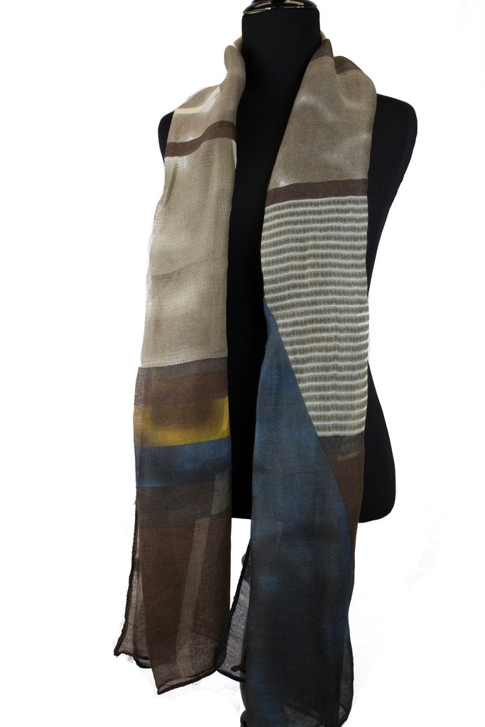 print hijab with abstract shapes in brown yellow blue and tan