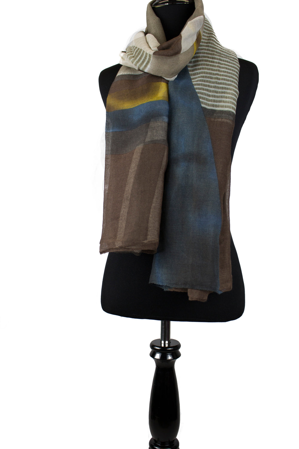 print hijab with abstract shapes in brown yellow blue and tan