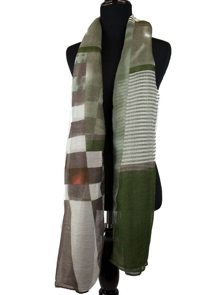 olive and brown mosaic abstract print viscose hijab with stripes and squares 