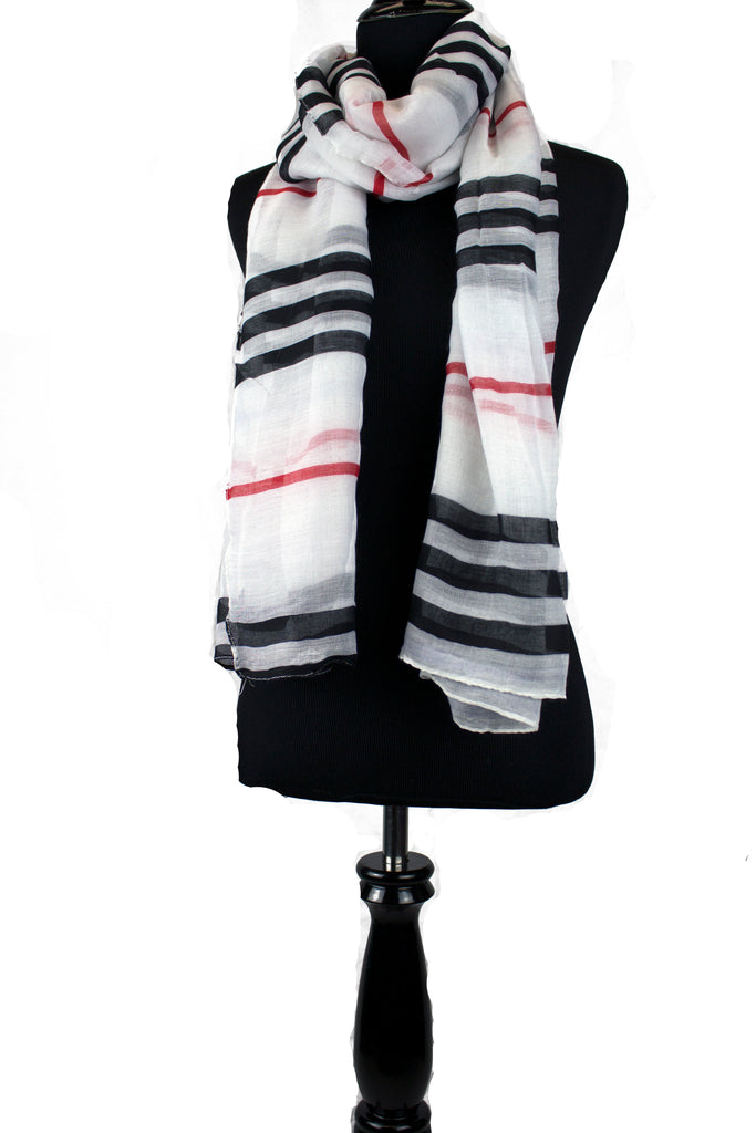 white burberry inspired print hijab with black and red stripes