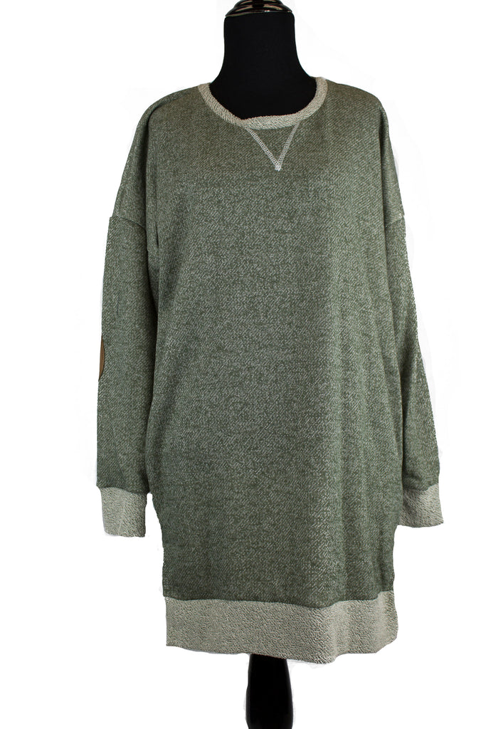 olive long modest oversized sweater with brown elbow patches 