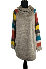 cowl neck sweater with yellow gray blue and red striped sleeves
