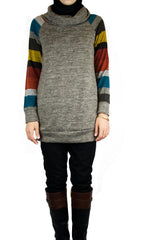 cowl neck sweater with yellow gray blue and red striped sleeves