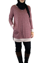 rustic red long modest oversized sweater with brown elbow patches 
