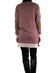 rustic red long modest oversized sweater with brown elbow patches 