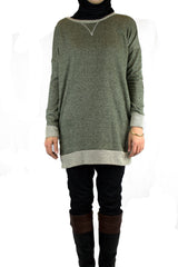 olive long modest oversized sweater with brown elbow patches 