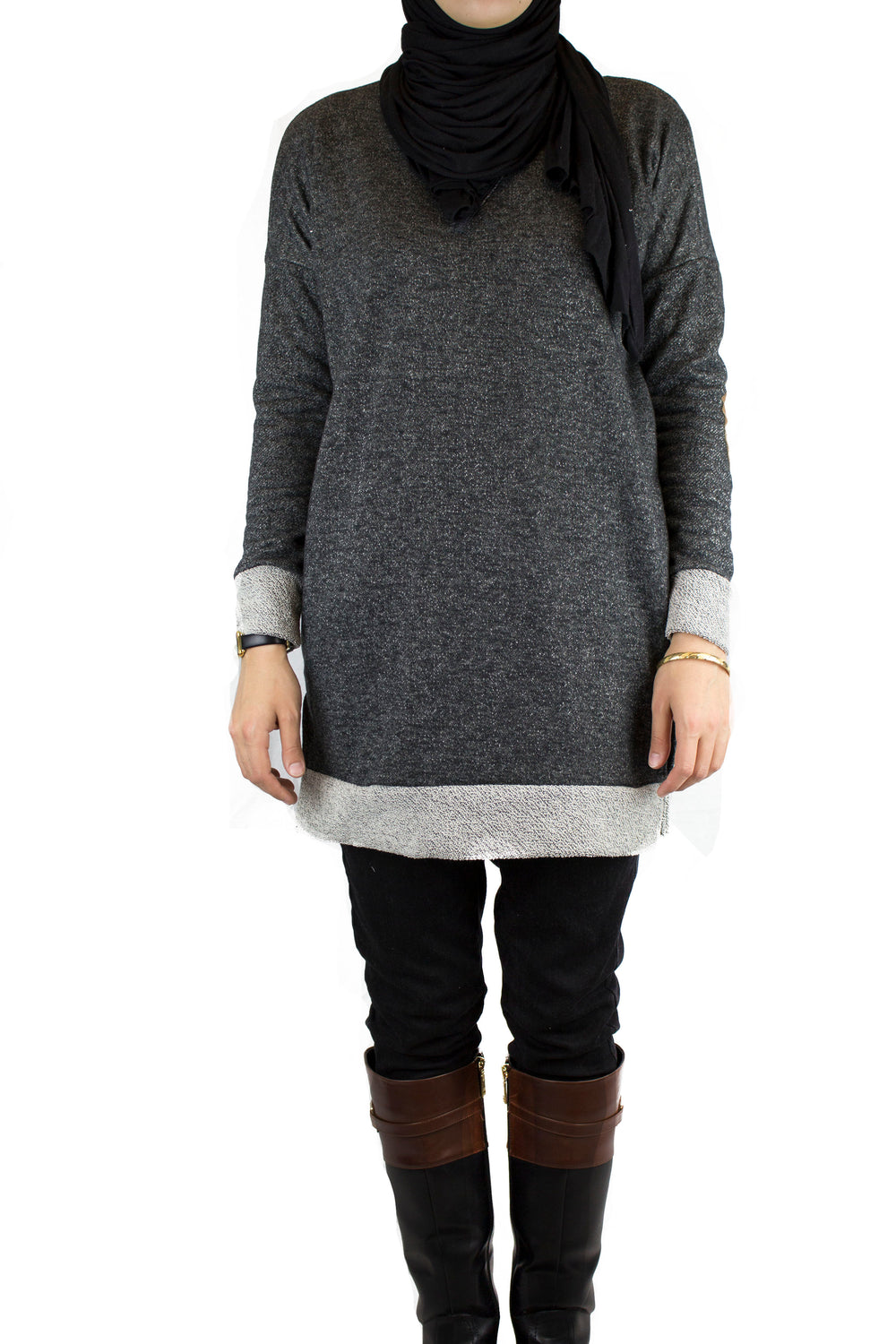 black long modest oversized sweater with brown elbow patches 