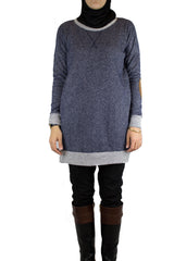 blue long modest oversized sweater with brown elbow patches 