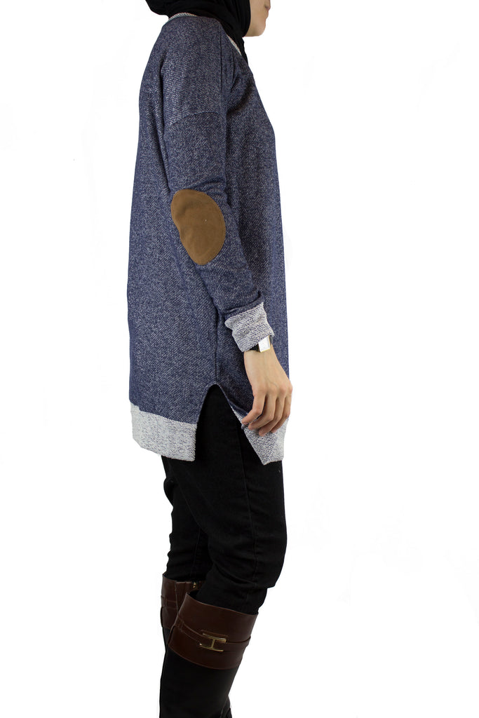 blue long modest oversized sweater with brown elbow patches 