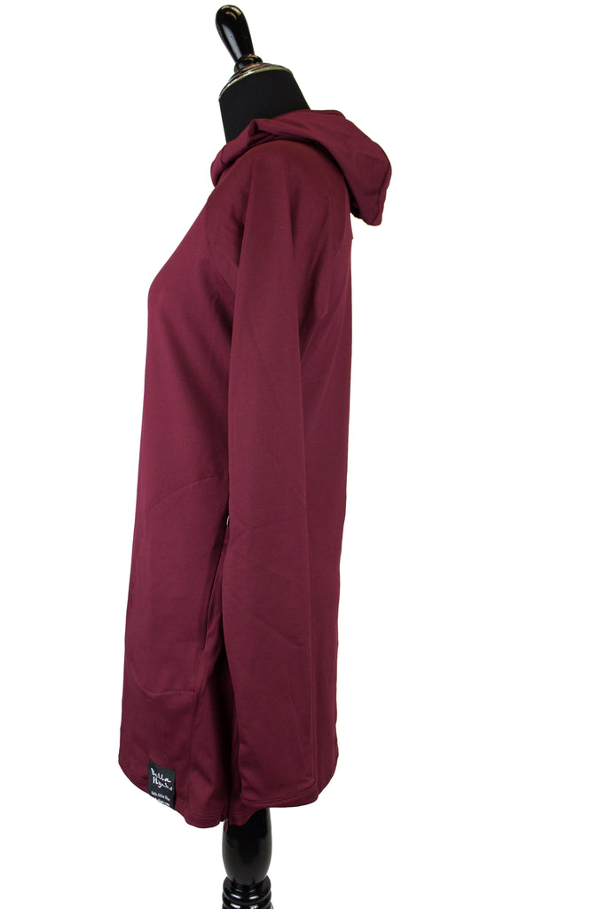 maroon modest long sleeved workout top with a hijab attached