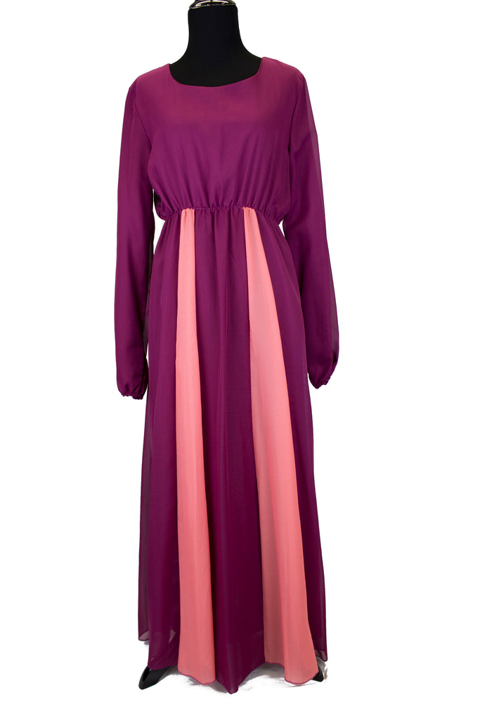 purple long sleeve maxi dress with pleats in pink