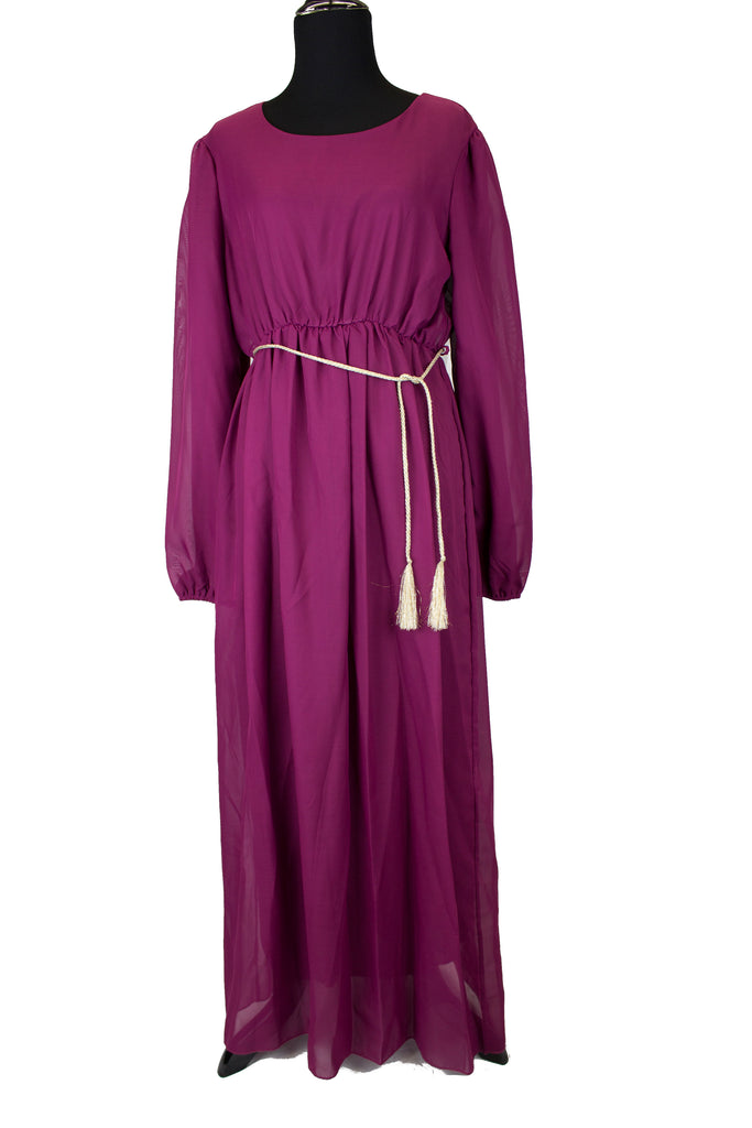 purple basic long sleeve maxi dress with gold tassel woven belt