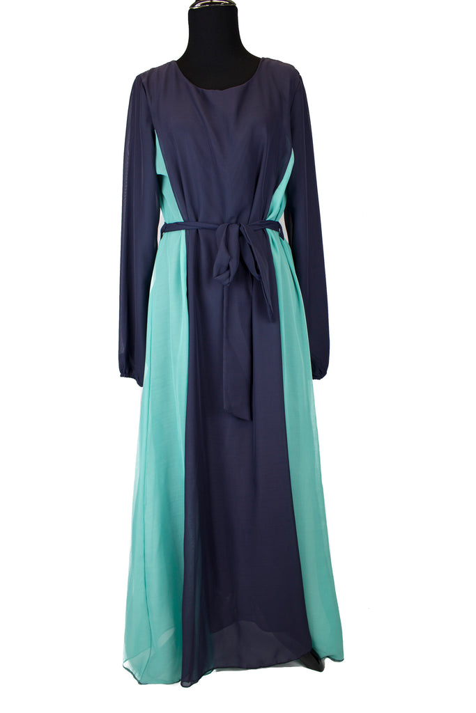 navy long sleeve maxi dress with pleats in teal