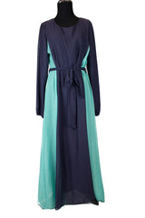 navy long sleeve maxi dress with pleats in teal