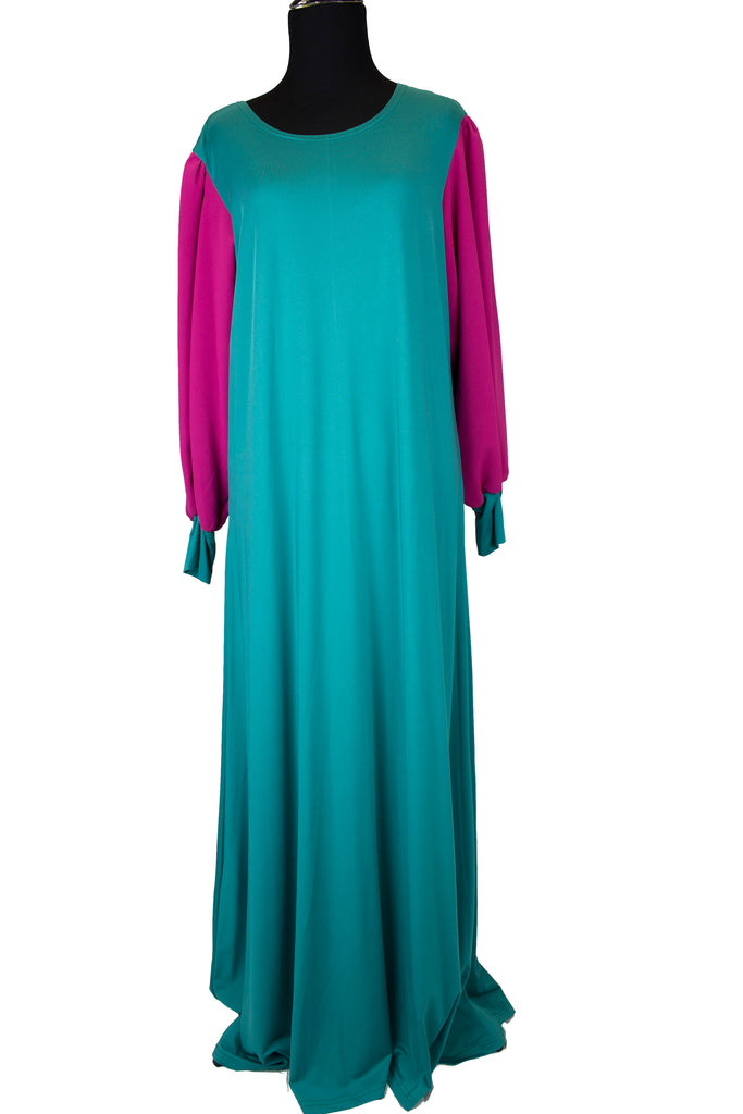 long sleeve maxi dress in teal with pink sleeves