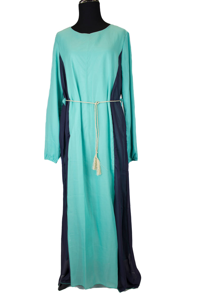 teal long sleeve maxi dress with pleats in navy