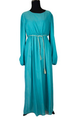 blue teal basic long sleeve maxi dress with gold tassel woven belt