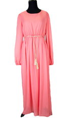 pink basic long sleeve maxi dress with gold tassel woven belt
