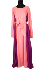 pink long sleeve maxi dress with pleats in purple