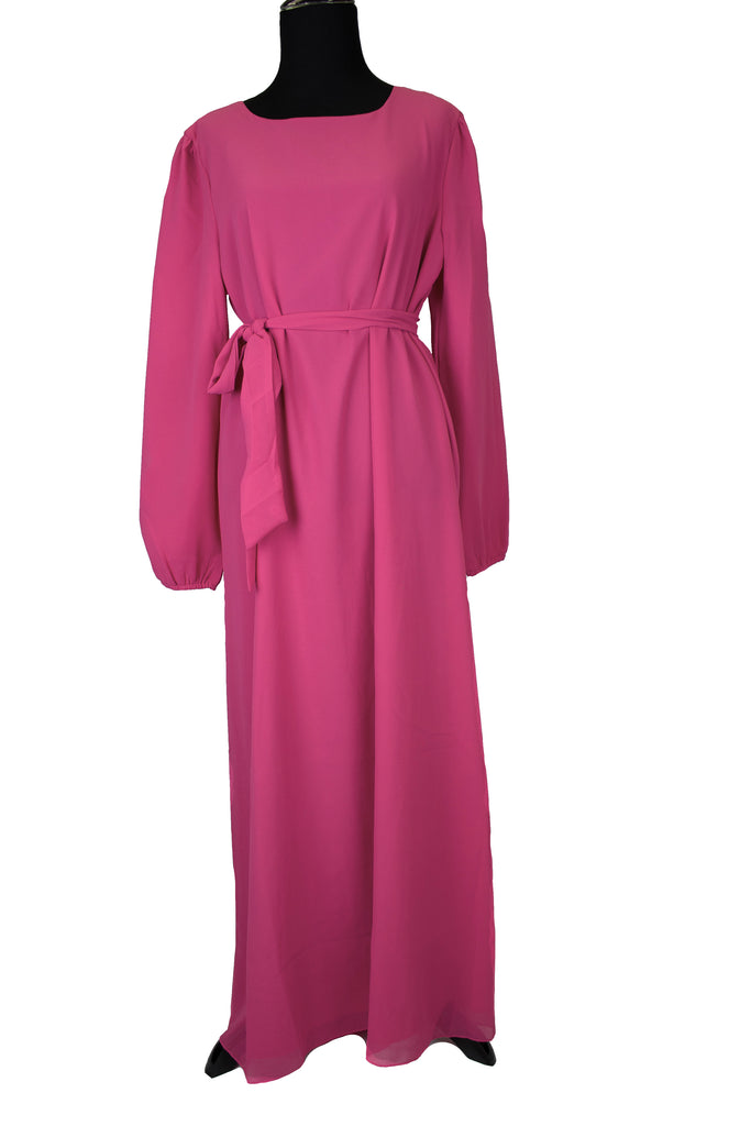 long sleeve maxi dress in hot pink with a waist band