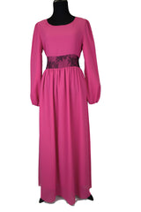 pink long sleeve maxi dress with a lace waist
