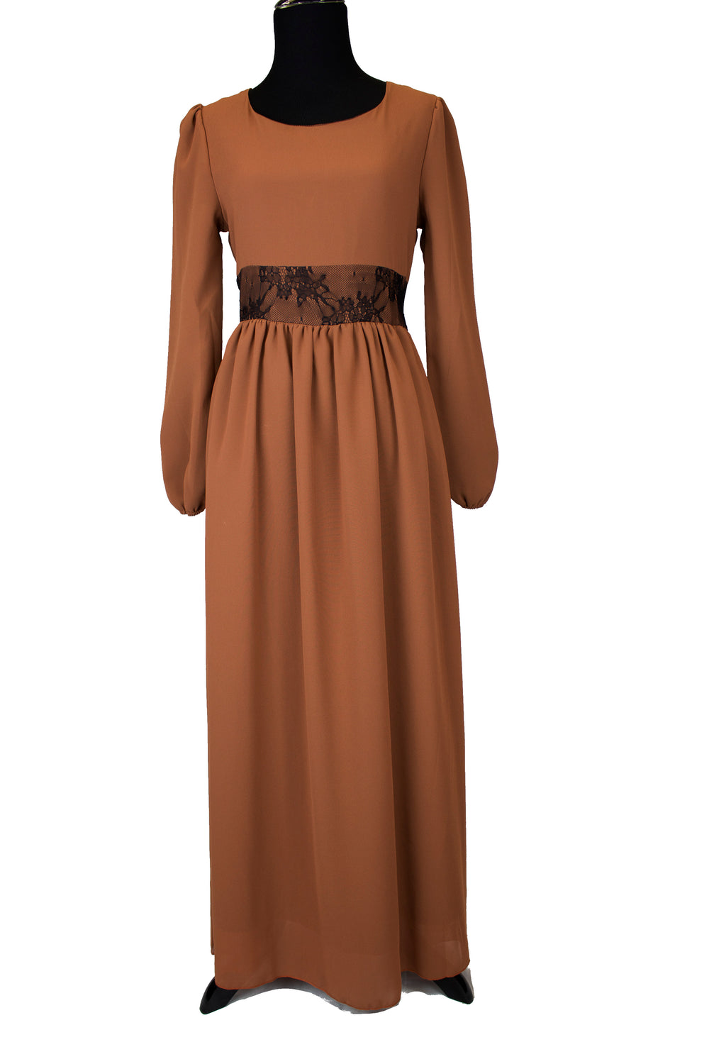 brown long sleeve maxi dress with a lace waist