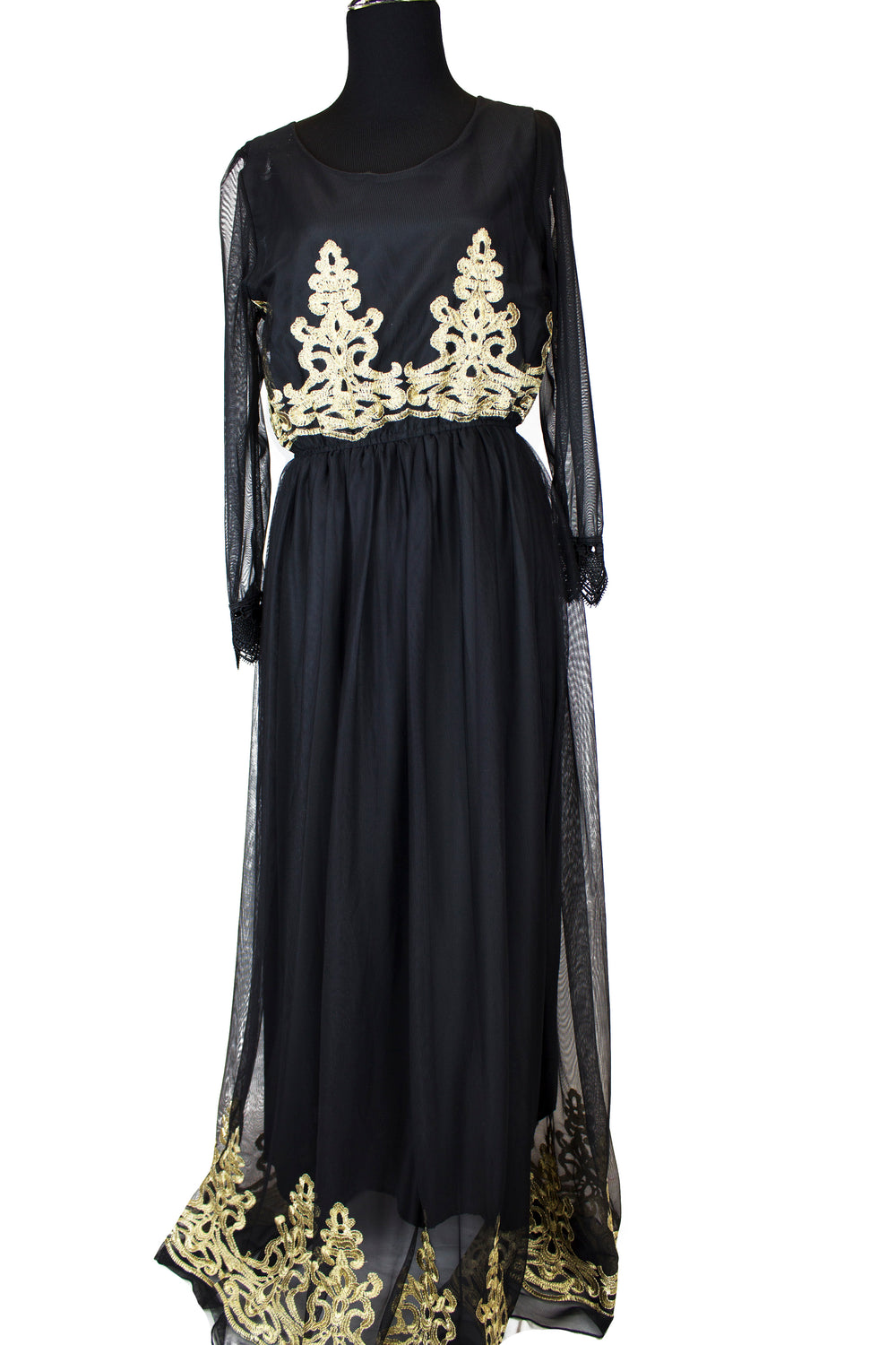 long sleeve maxi dress with gold embroidery on the chest and ends