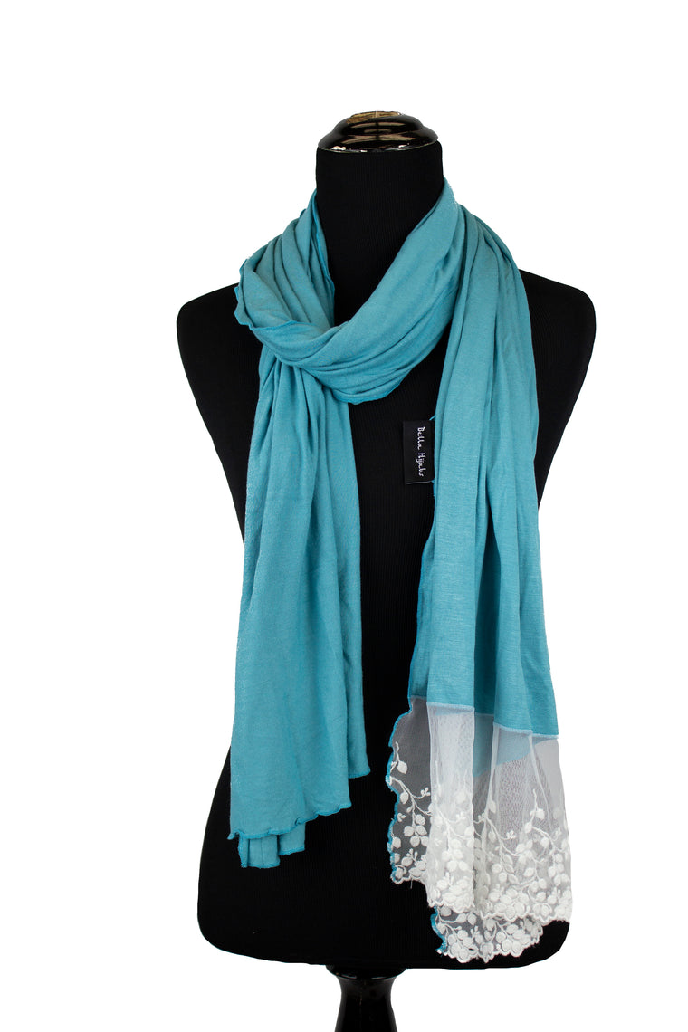 jersey hijab in seafoam blue with white lace