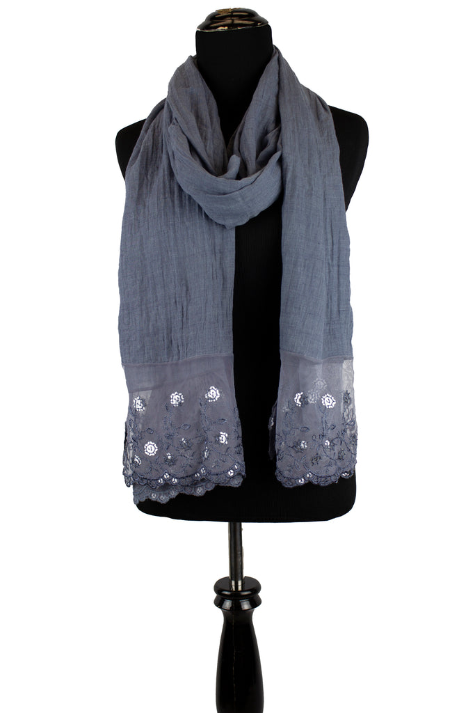 denim viscose hijab with lace on the ends embellished with sequins