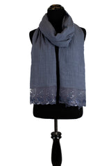 denim blue viscose hijab with lace on the ends embellished with sequins