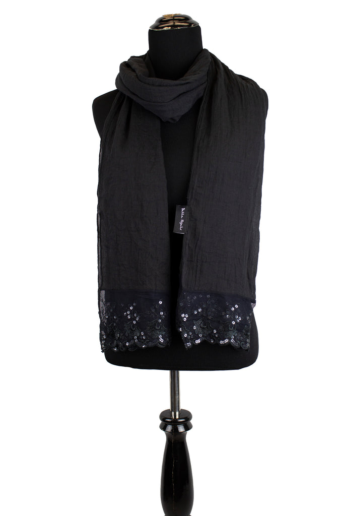 black viscose hijab with lace on the ends embellished with sequins