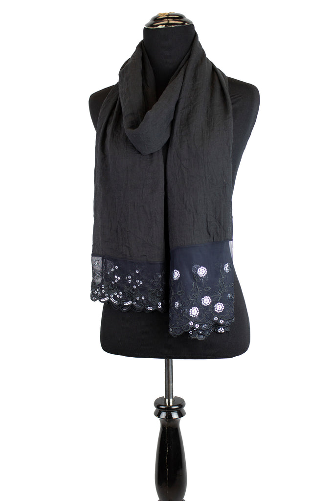 black viscose hijab with lace ends and sequins on the lace