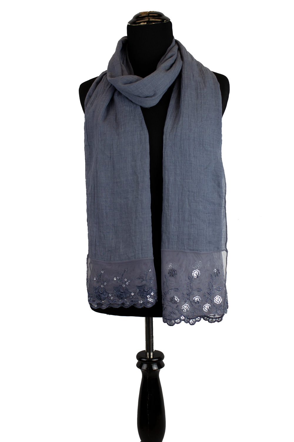 denim blue viscose hijab with lace ends and sequins on the lace