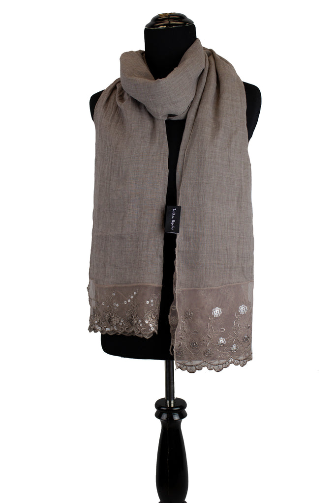 taupe viscose hijab with sequin lace ends