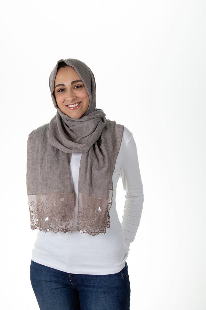 Sequin Lace Hijab - Taupe  (Daisy Sequin)
