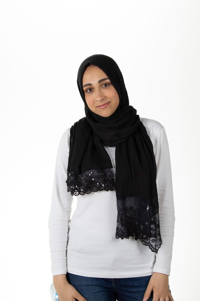 black viscose hijab with lace on the ends embellished with sequins