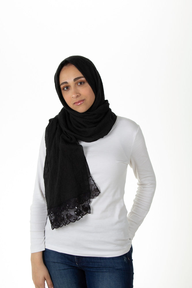 black viscose hijab with lace on the ends embellished with sequins