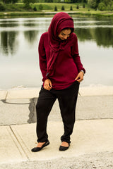 maroon long sleeve blouse with a basic collar and buttons