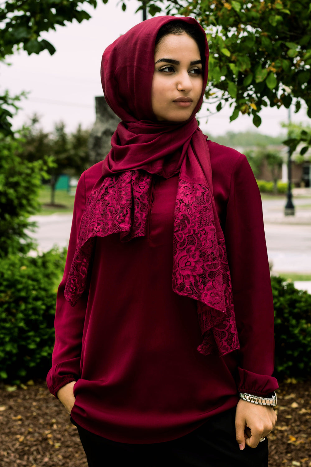 solid burgundy hijab made with modal fabric and embellished with lace