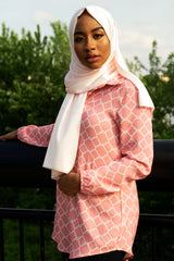 long sleeve modest pink blouse with geometric print