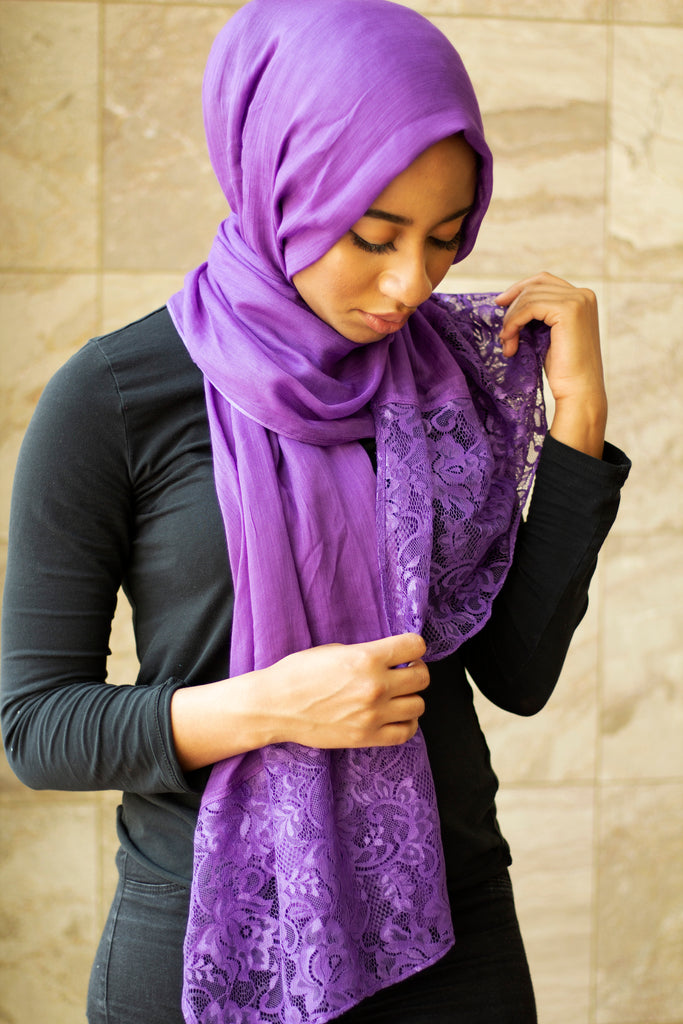 solid purple hijab made with modal fabric and embellished with lace at the ends