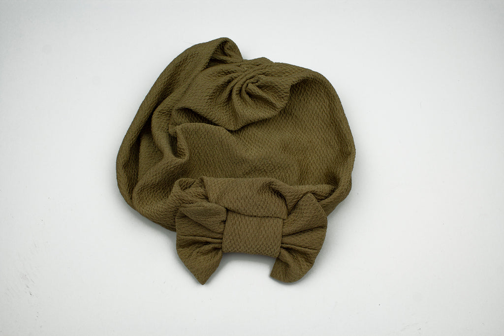 cotton turban with a bow on the front in mocha brown
