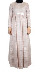 long sleeve maxi dress in pink lace with a satin waist tie and mauve hijab