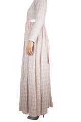 long sleeve maxi dress in pink lace with a satin waist tie