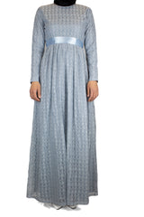 long sleeve maxi dress in baby blue lace with a satin waist tie