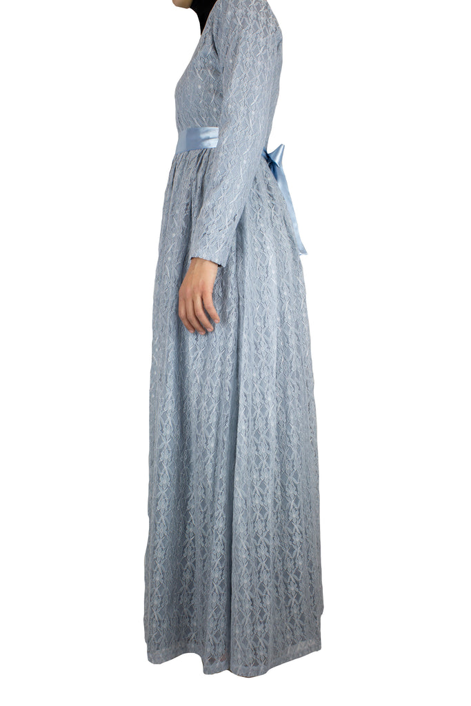 Long Sleeve Lace Maxi Dress with Satin Belt - Pale Blue Bella Hijabs Long Sleeve Lace Maxi Dress with Satin Belt - Pale Blue Bella Hijabs