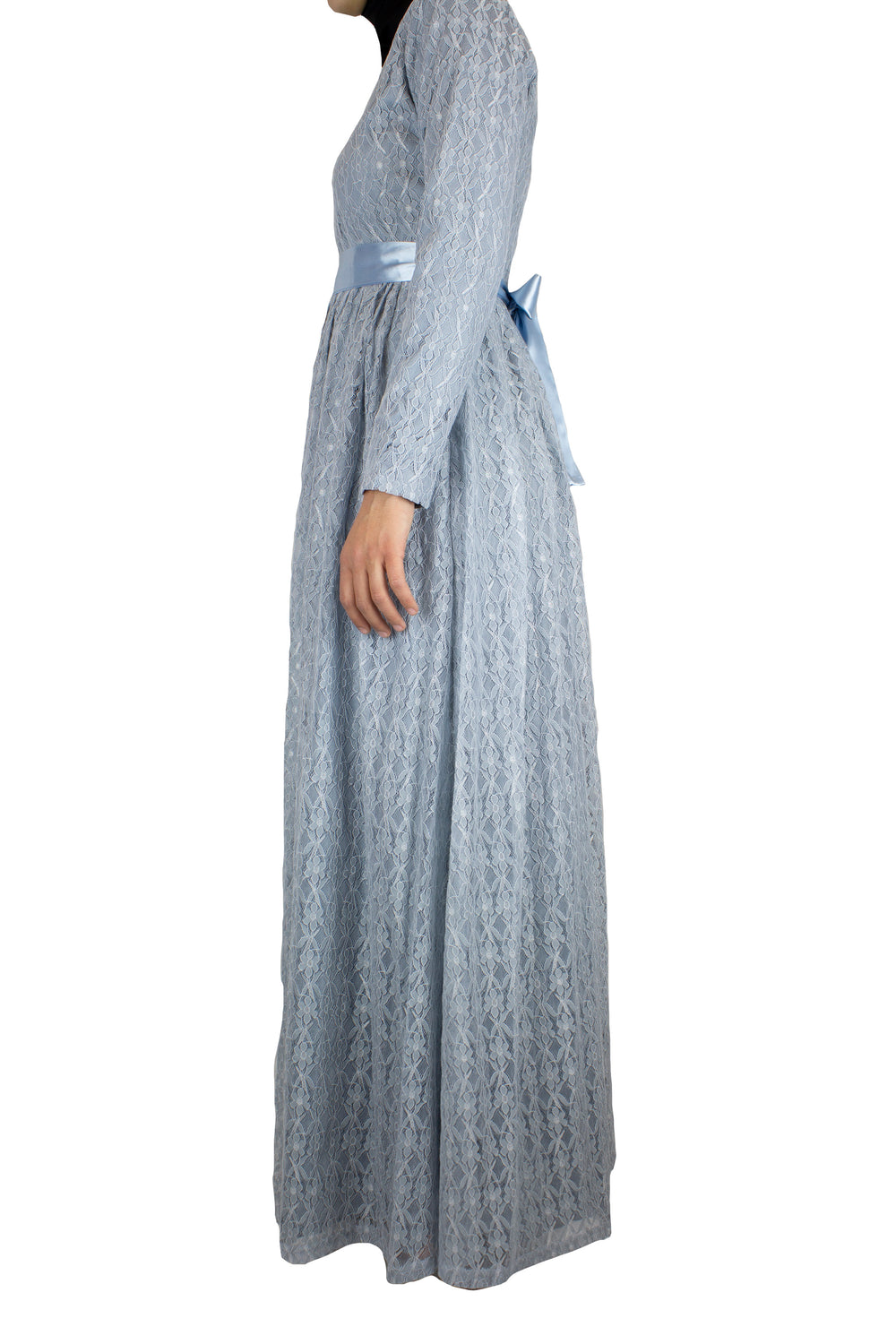 Long Sleeve Lace Maxi Dress with Satin Belt - Pale Blue Bella Hijabs Long Sleeve Lace Maxi Dress with Satin Belt - Pale Blue Bella Hijabs