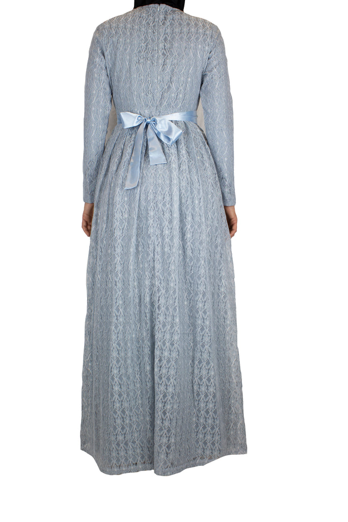 Long Sleeve Lace Maxi Dress with Satin Belt - Pale Blue Bella Hijabs Long Sleeve Lace Maxi Dress with Satin Belt - Pale Blue Bella Hijabs